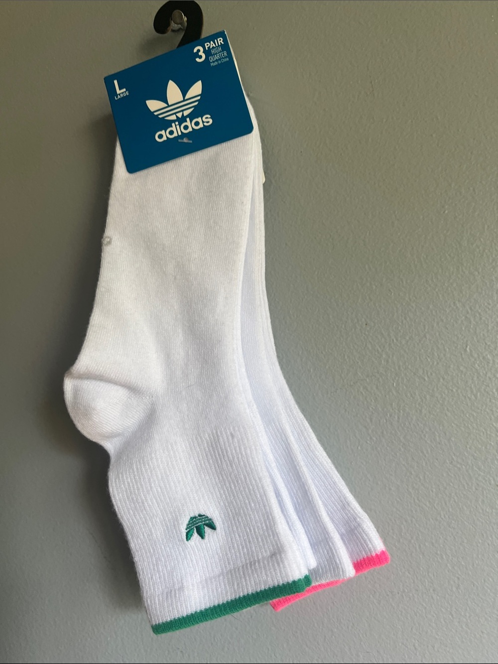 adidas Me 3-Pack White Crew Socks with Green and Pink Trim